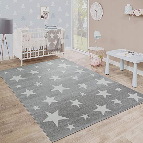 Paco Home Moderner Kurzflor Kinderteppich Sternendesign Kinderzimmer Star Muster Grau Weiß, Grösse:133 cm Quadrat von Paco Home