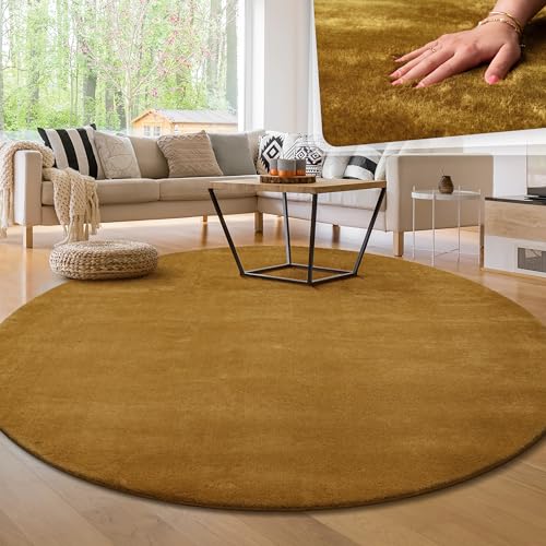 Paco Home Moderner Kuscheliger Wohnzimmer Teppich Kurzflor waschbar flauschig Weich Einfarbig Felloptik zeitlos stilvoll rutschfest pflegeleicht, Grösse:200 cm Rund, Farbe:Gelb von Paco Home