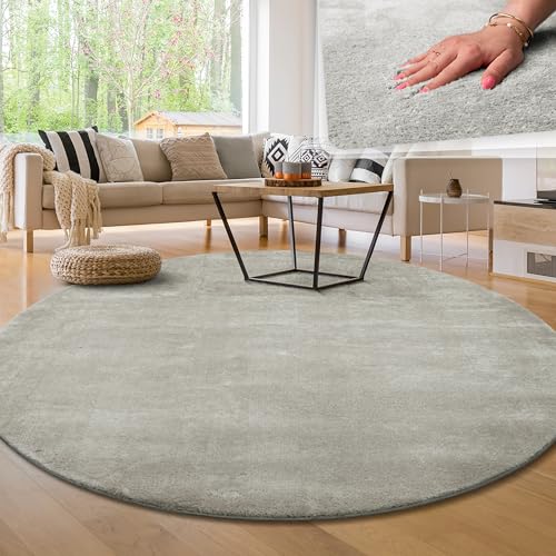 Paco Home Moderner Kuscheliger Wohnzimmer Teppich Kurzflor waschbar flauschig Weich Einfarbig Felloptik zeitlos stilvoll rutschfest pflegeleicht, Grösse:200 cm Rund, Farbe:Silber von Paco Home