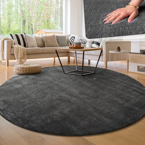 Paco Home Moderner Kuscheliger Wohnzimmer Teppich Kurzflor waschbar flauschig Weich Einfarbig Felloptik zeitlos stilvoll rutschfest pflegeleicht, Grösse:80 cm Rund, Farbe:Anthrazit von Paco Home