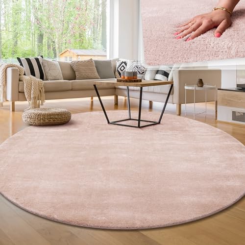 Paco Home Moderner Kuscheliger Wohnzimmer Teppich Kurzflor waschbar flauschig Weich Einfarbig Felloptik zeitlos stilvoll rutschfest pflegeleicht, Grösse:80 cm Rund, Farbe:Rosa von Paco Home