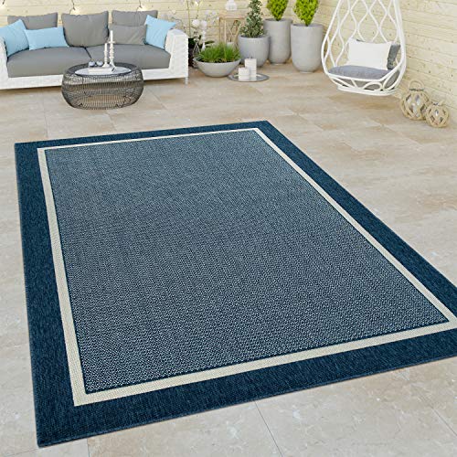 Paco Home Outdoor Indoor Teppich Blau Balkon 3D Optik Bordüre Natürlicher Look Kurzflor, Grösse:80x150 cm von Paco Home