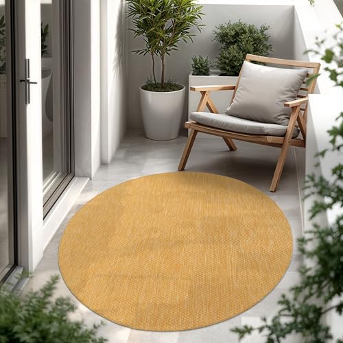 Paco Home Outdoor Teppich Flachgewebe Sisaloptik Modern Einfarbig meliert wetterfest & pflegeleicht Küchenteppich Ideal für Terrasse Balkon Garten, Grösse:160 cm Rund, Farbe:Gelb von Paco Home