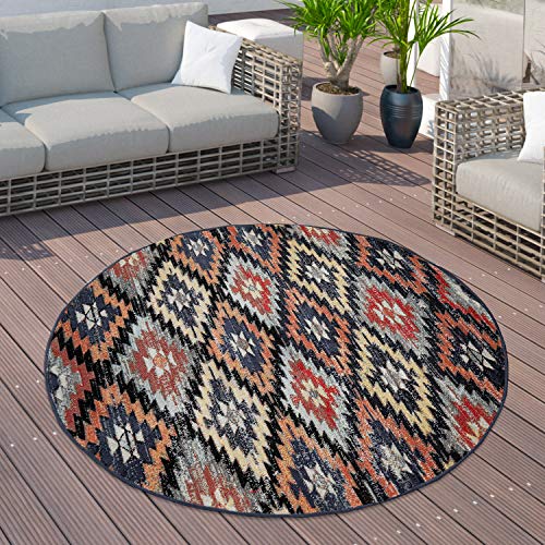 Paco Home Outdoor-Teppich Für Balkon, Kurzflor Mit Orient-Design, versch. Farben u. Größen, Grösse:160 cm Rund, Farbe:Bunt von Paco Home