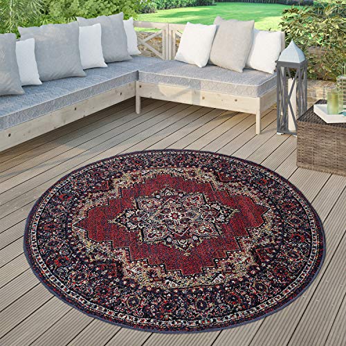Paco Home Outdoor-Teppich Für Balkon, Kurzflor Mit Orient-Design, versch. Farben u. Größen, Grösse:200 cm Rund, Farbe:Rot von Paco Home