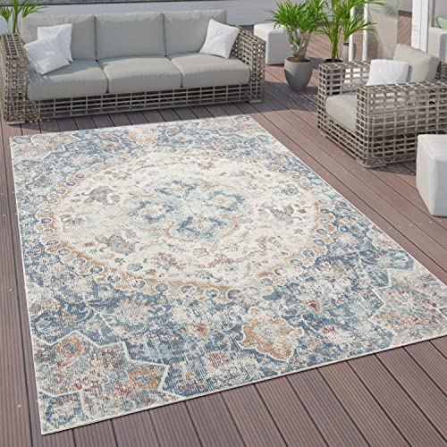 Paco Home Outdoor Teppich Kurzflor Garten Terrasse Wohnzimmer Vintage Pastell Orientalisches Muster Modern, Grösse:200 cm Rund, Farbe:Blau von Paco Home