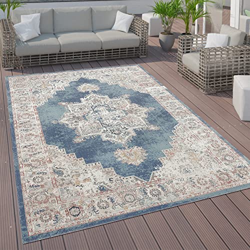 Paco Home Outdoor Teppich Kurzflor Garten Terrasse Wohnzimmer Vintage Pastell Orientalisches Muster Modern, Grösse:60x100 cm, Farbe:Blau 3 von Paco Home