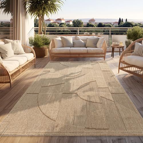 Paco Home Outdoor Teppich Wetterfest Balkon Wohnzimmer Boho Design Abstrakt Geometrisches Muster Einfarbig 3D Effekt Moderne Deko Beige, Grösse:120x160 cm von Paco Home