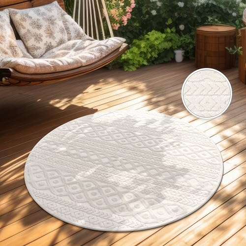 Paco Home Teppich In- & Outdoor, Moderne abstrakte Boho Designs mit 3D Struktur, robust & wetterfest, ideal für Terrasse Wohnzimmer & Küche, Grösse:120 cm Rund, Farbe:Creme 4 Paco Home Teppich In- & Outdoor, Moderne abstrakte Boho Designs mit 3D Struktur, robust & wetterfest, ideal für Terrasse Wohnzimmer & Küche, Grösse:120 cm Rund, Farbe:Creme 4 von Paco Home