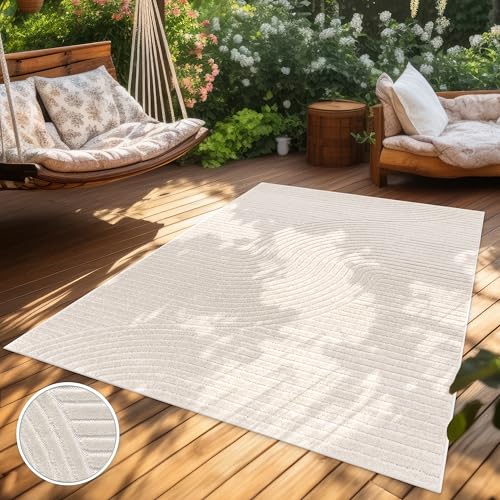 Paco Home Outdoor Teppich Wetterfest Balkon Wohnzimmer Skandinavisches Boho Muster Einfarbig Geometrisch 3D Effekt Moderne Deko, Grösse:160x230 cm, Farbe:Creme 2 von Paco Home