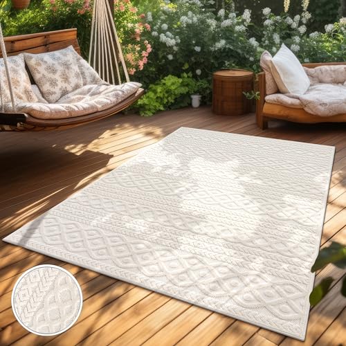 Paco Home Outdoor Teppich Wetterfest Balkon Wohnzimmer Skandinavisches Boho Muster Einfarbig Geometrisch 3D Effekt Moderne Deko, Grösse:60x100 cm, Farbe:Creme 4 von Paco Home