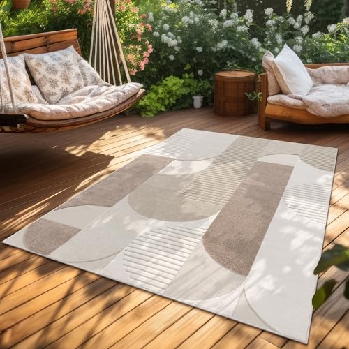 Paco Home Teppich In- & Outdoor, Moderne abstrakte Boho Designs mit 3D Struktur, robust & wetterfest, ideal für Terrasse Wohnzimmer & Küche, Grösse:80x250 cm, Farbe:Beige 2 von Paco Home