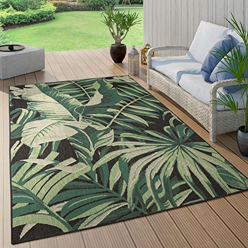 Paco Home Outdoor Teppich Wetterfest Flur Balkon Palmen Dschungel Florales Boho Muster Grün Schwarz, Grösse:120 cm Rund, Farbe:Schwarz 5 von Paco Home