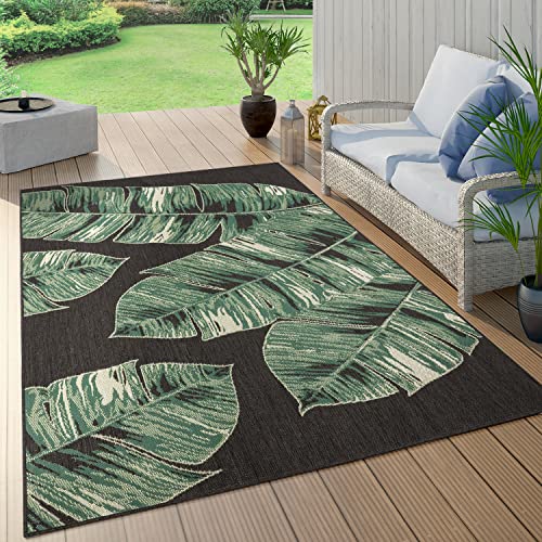 Paco Home Outdoor Teppich Wetterfest Flur Balkon Palmen Dschungel Florales Boho Muster Grün Schwarz, Grösse:140x200 cm, Farbe:Schwarz 3 von Paco Home