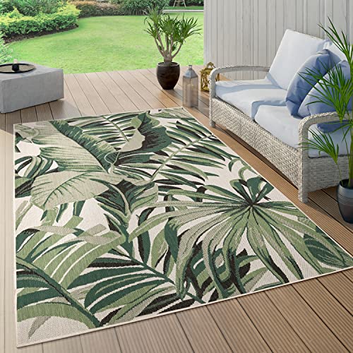 Paco Home Outdoor Teppich Wetterfest Flur Balkon Palmen Dschungel Florales Boho Muster Grün Schwarz, Grösse:200 cm Rund, Farbe:Grün 10 von Paco Home