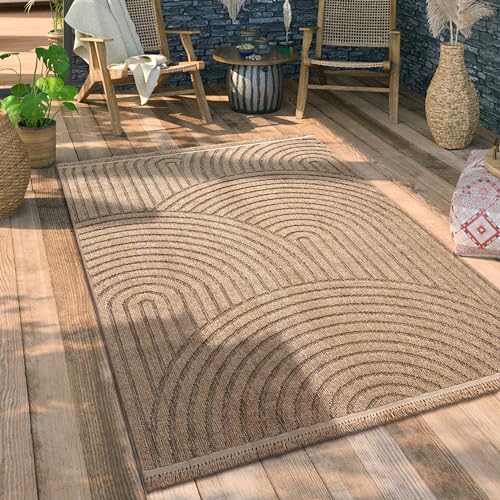 Paco Home Outdoor Teppich Wetterfest Wohnzimmer Balkon Boho Muster Fransen 3D Effekt Floral Geometrisches Design, Grösse:160x220 cm, Farbe:Beige 3 von Paco Home