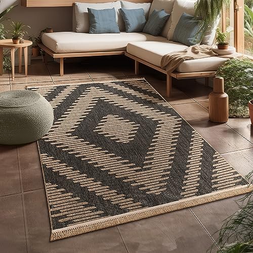 Paco Home Outdoor Teppich Wetterfest Wohnzimmer Balkon Boho Muster Fransen 3D Effekt Floral Geometrisches Design, Grösse:240x340 cm, Farbe:Anthrazit 2 von Paco Home