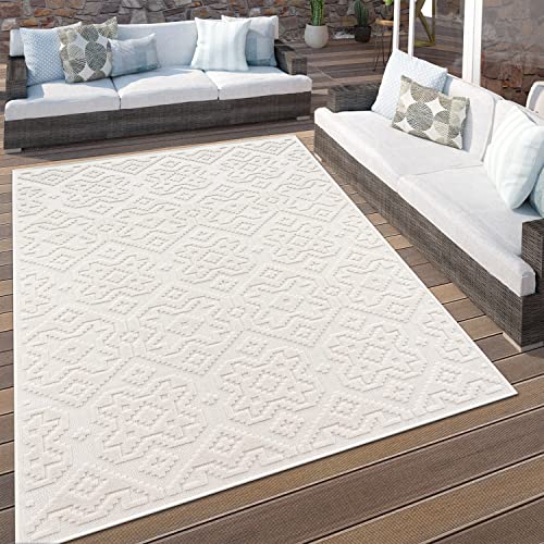 Paco Home Outdoor Teppich Wetterfest Wohnzimmer Balkon Küche Orientalisch Ornament Geometrisches Muster 3D Effekt Creme Beige, Grösse:200 cm Rund von Paco Home