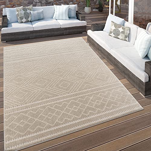 Paco Home Outdoor Teppich Wetterfest Wohnzimmer Balkon Küchenteppich Boho Style Moderne 3D Optik Skandinavisch Geometrisch Beige, Grösse:80x150 cm von Paco Home