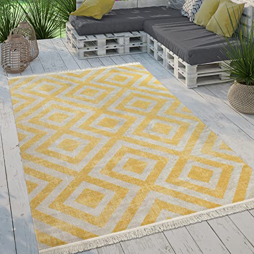 Paco Home Moderner Outdoor Teppich Geometrisches Rauten-Muster im Vintage-Look Flachgewebe Wetterfest & Pflegeleicht für Garten, Terrasse & Balkon, Grösse:160 cm Rund, Farbe:Gelb-Weiß von Paco Home
