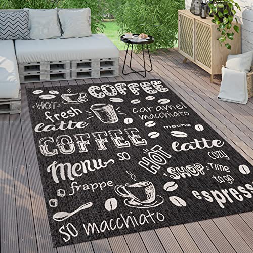 Paco Home Outdoor Teppich Wetterfest Wohnzimmer Balkon Küchenteppich Modernes Muster Mit Schriftzug, Grösse:240x340 cm, Farbe:Anthrazit 3 von Paco Home