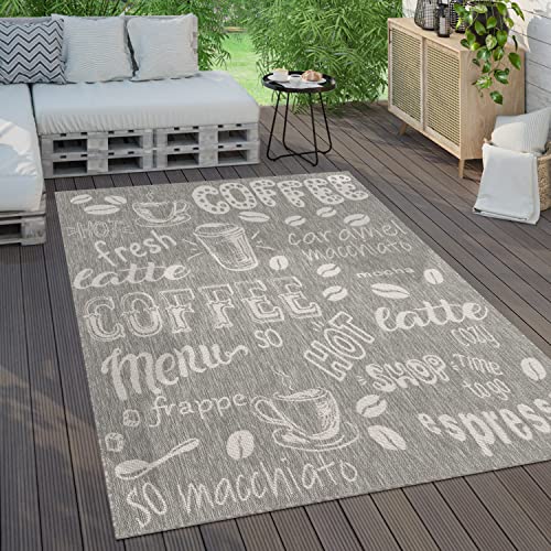 Paco Home Outdoor Teppich Wetterfest Wohnzimmer Balkon Küchenteppich Modernes Muster Mit Schriftzug, Grösse:240x340 cm, Farbe:Grau 2 von Paco Home