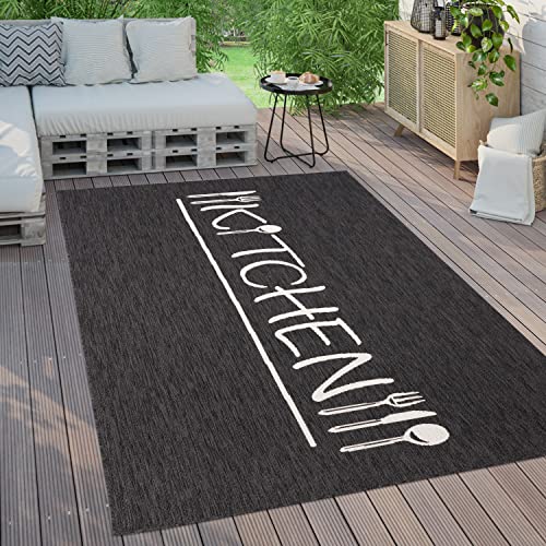Paco Home Outdoor Teppich Wetterfest Wohnzimmer Balkon Küchenteppich Modernes Muster Mit Schriftzug, Grösse:60x100 cm, Farbe:Anthrazit 2 von Paco Home