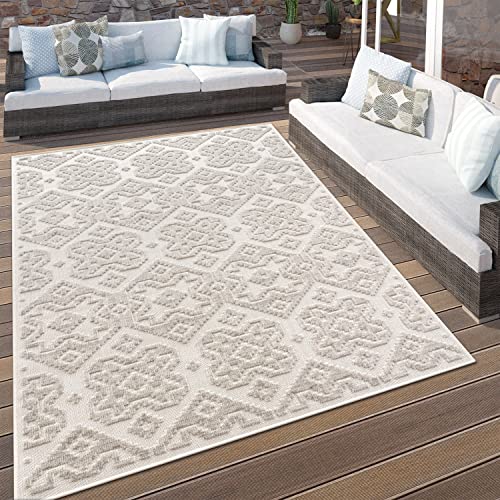 Paco Home Outdoor Teppich Wetterfest Wohnzimmer Boho Balkon Küche Skandinavisch 3D Effekt Geometrisches Muster Creme, Grösse:160 cm Rund von Paco Home