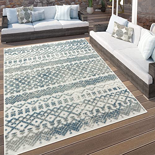 Paco Home Outdoor Teppich Wetterfest Wohnzimmer Boho Balkon Küche Skandinavisch 3D Effekt Geometrisches Muster Türkis Creme, Grösse:160 cm Rund von Paco Home