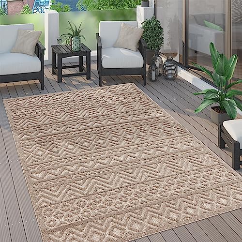 Paco Home Outdoor Teppich wetterfest & langlebig Moderne Boho-Designs mit 3D-Effekt Skandi-Look UV-beständig & robust für Balkon, Garten, Wohnzimmer & Küche, Grösse:120x160 cm, Farbe:Beige 3 von Paco Home