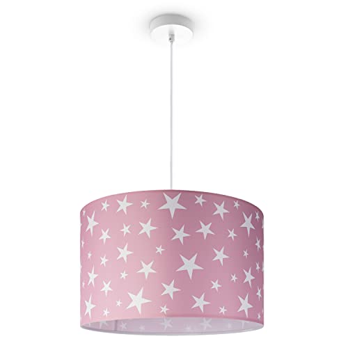 Paco Home Pendellampe Kinderzimmer Pendelleuchte Baby Lampenschirm Stoff Rund Wolken Himmel Sterne Kinderlampe E27 von Paco Home