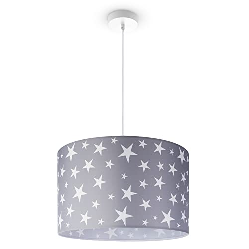 Paco Home Pendellampe Kinderzimmer Pendelleuchte Baby Lampenschirm Stoff Rund Wolken Himmel Sterne Kinderlampe E27 von Paco Home