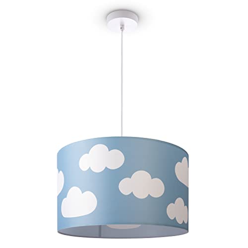 Paco Home Pendellampe Kinderzimmer Pendelleuchte Baby Lampenschirm Stoff Rund Wolken Himmel Sterne Kinderlampe E27 von Paco Home