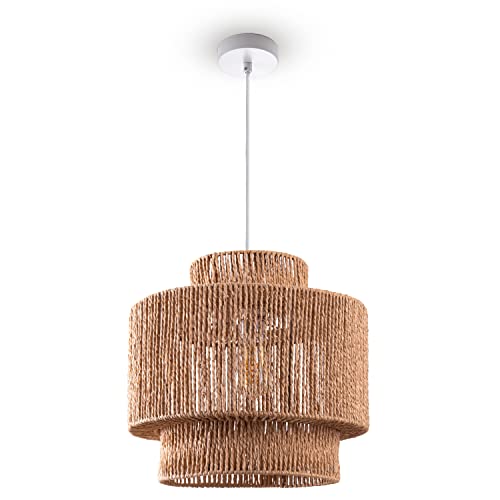 Paco Home Pendelleuchte Esstisch Papier Boho Hängelampe Esszimmer Lampe E27 Hängeleuchte Rattan, Farbe:Natur (Ø40cm), Leuchtenart/Farbe:Pendelleuchte - Weiß von Paco Home