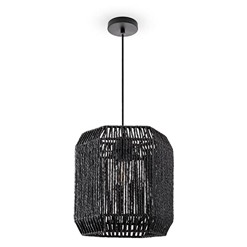 Paco Home Pendelleuchte Esstisch Papier Boho Hängelampe Esszimmer Lampe E27 Hängeleuchte Rattan, Farbe:Schwarz (Ø24cm), Leuchtenart/Farbe:Pendelleuchte - Schwarz von Paco Home