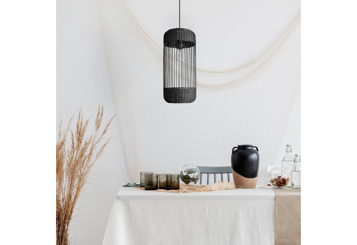 Paco Home Pendelleuchte PUSTA, ohne Leuchtmittel, Rattan Esszimmer Lampe Pendelleuchte Boho Zylinder Rustikal E27 von Paco Home