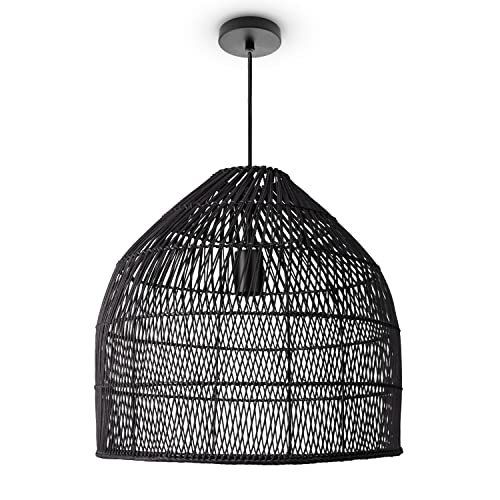 Paco Home Pendelleuchte Wohnzimmer Boho Korbleuchten Pendellampe Rattan Hängeleuchte Esszimmer Lampe Papier E27, Lampenart:Pendelleuchte - Typ 1, Farbe:Schwarz (Ø44 cm) von Paco Home