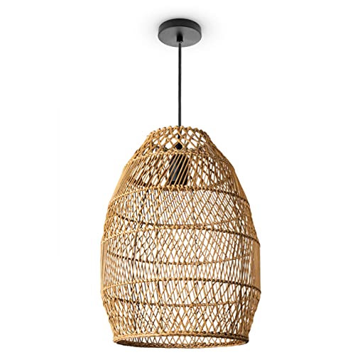 Paco Home Pendelleuchte Wohnzimmer Boho Korbleuchten Pendellampe Rattan Hängeleuchte Esszimmer Lampe Papier E27, Lampenart:Pendelleuchte - Typ 3, Farbe:Natur (Ø30cm) von Paco Home