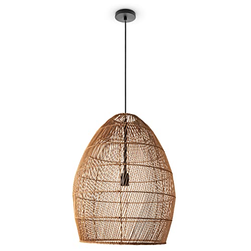 Paco Home Pendelleuchte Wohnzimmer Boho Korbleuchten Pendellampe Rattan Hängeleuchte Esszimmer Lampe Papier E27, Lampenart:Pendelleuchte - Typ 2, Farbe:Natur (Ø52 cm) von Paco Home