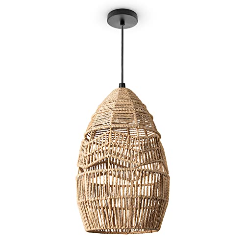 Paco Home Pendelleuchte Wohnzimmer Boho Korbleuchten Pendellampe Rattan Hängeleuchte Esszimmer Lampe Papier E27, Lampenart:Pendelleuchte - Typ 4, Farbe:Natur (Ø30cm) von Paco Home