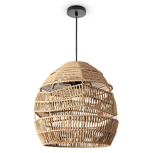 Paco Home Pendelleuchte Wohnzimmer Boho Korbleuchten Pendellampe Rattan Hängeleuchte Esszimmer Lampe Papier E27, Lampenart:Pendelleuchte - Typ 4, Farbe:Natur (Ø31 cm) von Paco Home