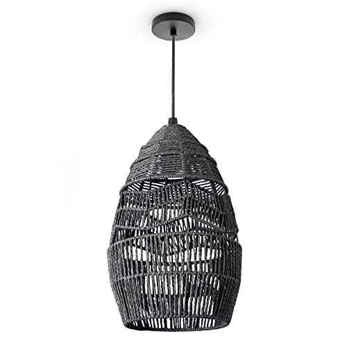 Paco Home Pendelleuchte Wohnzimmer Boho Korbleuchten Pendellampe Rattan Hängeleuchte Esszimmer Lampe Papier E27, Lampenart:Pendelleuchte - Typ 4, Farbe:Schwarz (Ø30cm) von Paco Home