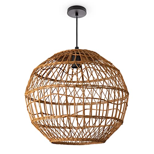 Paco Home Pendelleuchte Wohnzimmer Boho Korbleuchten Pendellampe Rattan Hängeleuchte Esszimmer Lampe Papier E27, Lampenart:Pendelleuchte - Typ 6, Farbe:Natur (Ø40cm) von Paco Home