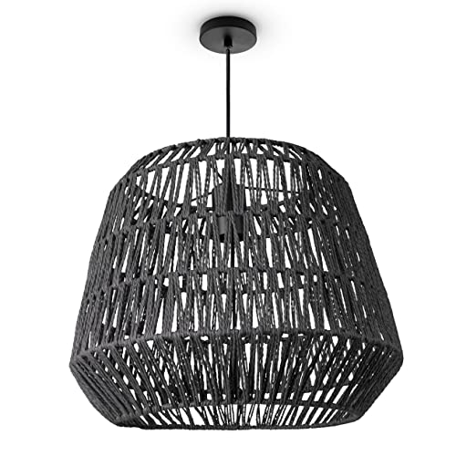 Paco Home Pendelleuchte Wohnzimmer Boho Korbleuchten Pendellampe Rattan Hängeleuchte Esszimmer Lampe Papier E27, Lampenart:Pendelleuchte - Typ 9, Farbe:Schwarz (Ø40cm) von Paco Home