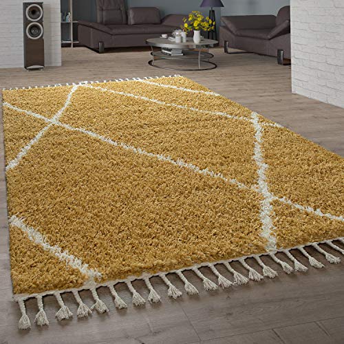Paco Home Shaggy Teppich Wohnzimmer Hochflor Rauten Muster Skandi Design, Grösse:80x150 cm, Farbe:Gelb von Paco Home