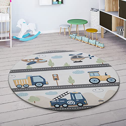 Paco Home Spielmatte Teppich Kinderzimmer Kinderteppich Junge Mädchen Spielteppich rutschfest Modern Berge Wolken Creme Blau Grau, Grösse:80 cm Rund von Paco Home