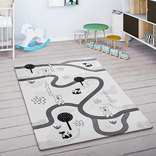 Paco Home Spielmatte Teppich Kinderzimmer Kinderteppich Junge Mädchen Straßenteppich Modern rutschfest Tier Motiv Baum Weiß Grau, Grösse:120x160 cm von Paco Home