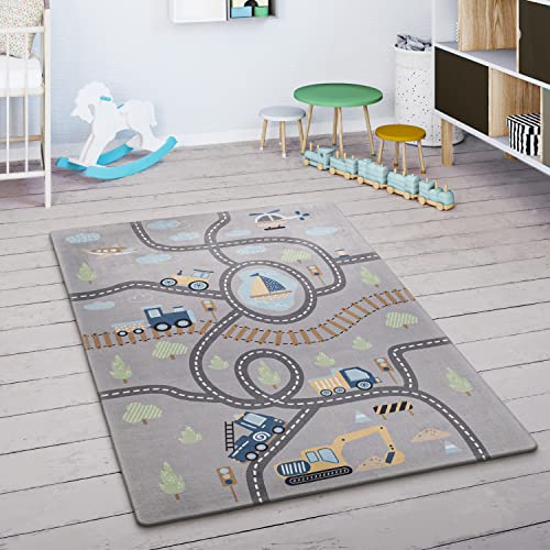 Paco Home Spielmatte Teppich Kinderzimmer Kinderteppich Junge Mädchen Straßenteppich Spielteppich rutschfest Auto Grau Grün Blau, Grösse:80 cm Rund von Paco Home