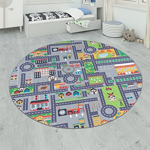 Paco Home Spielteppich Kinderteppich Kinderzimmer Straßenteppich Mit Auto Motiv rutschfest In Grau, Grösse:200 cm Quadrat von Paco Home