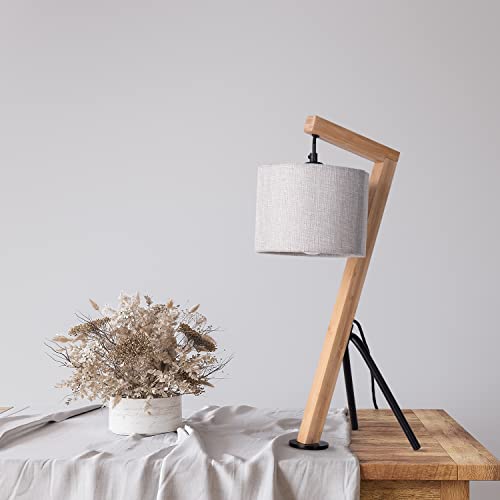 Paco Home Tischlampe Holz Nachttischlampe Schreibtischlampe Retro E27 Fassung Tischleuchte Wohnzimmer Vintage Stoff Lampenschirm Leselampe Modern von Paco Home